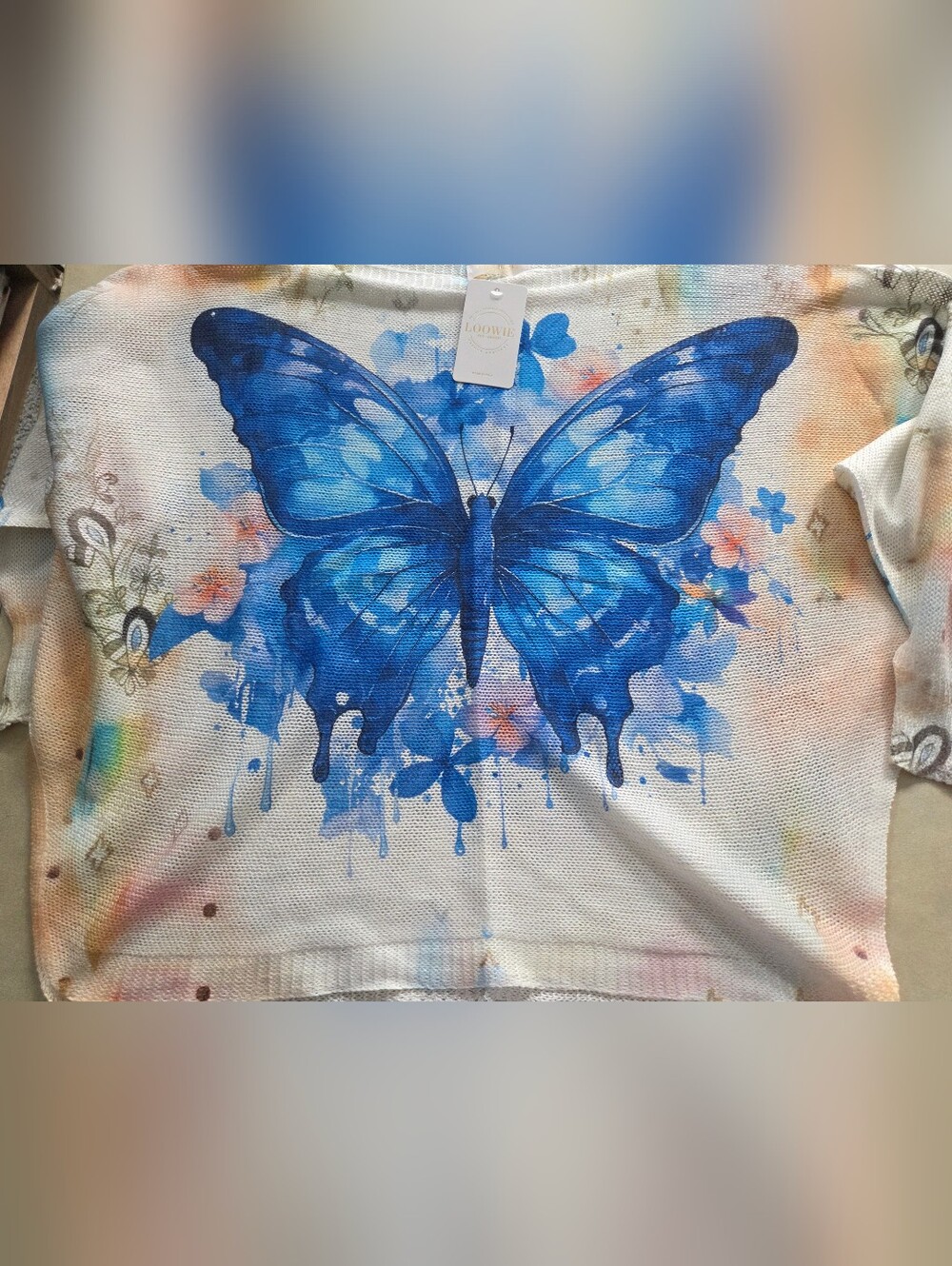 NWT LOOWIE ONE SIZE Blue Butterfly Print Crew Neck Sweater - Women's